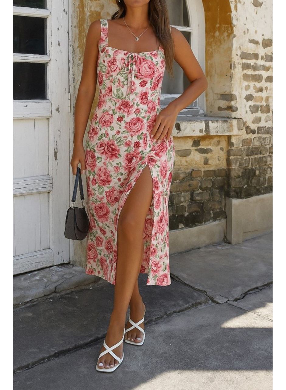 Kadın Askılı Geniş V Yakalı Sırttan Bağlamalı Yırtmaçlı Süprem Elbise