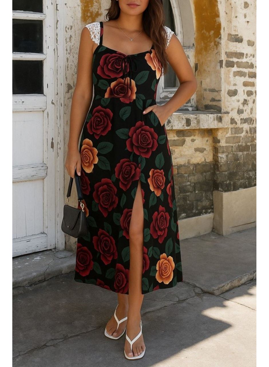 Kadın Askılı Geniş V Yakalı Sırttan Bağlamalı Yırtmaçlı Süprem Elbise