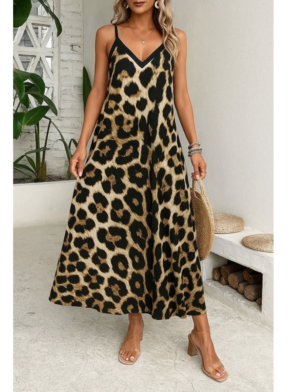 Kadın Ip Askılı Geniş V Yakalı Leopar Desenli Süprem Elbise