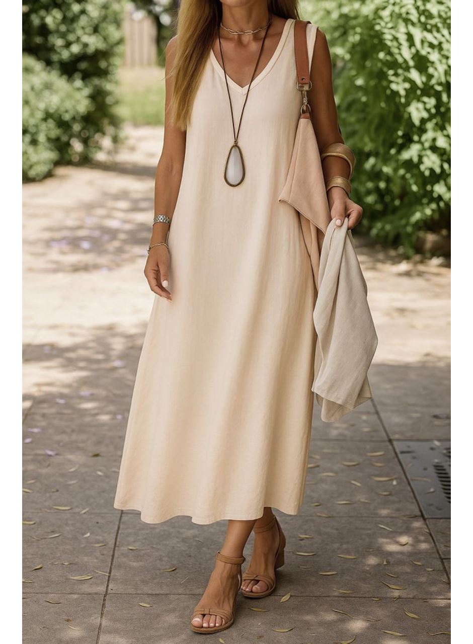 Kadın Kolsuz V Yakalı Maksi Boy Ithal Keten Elbise