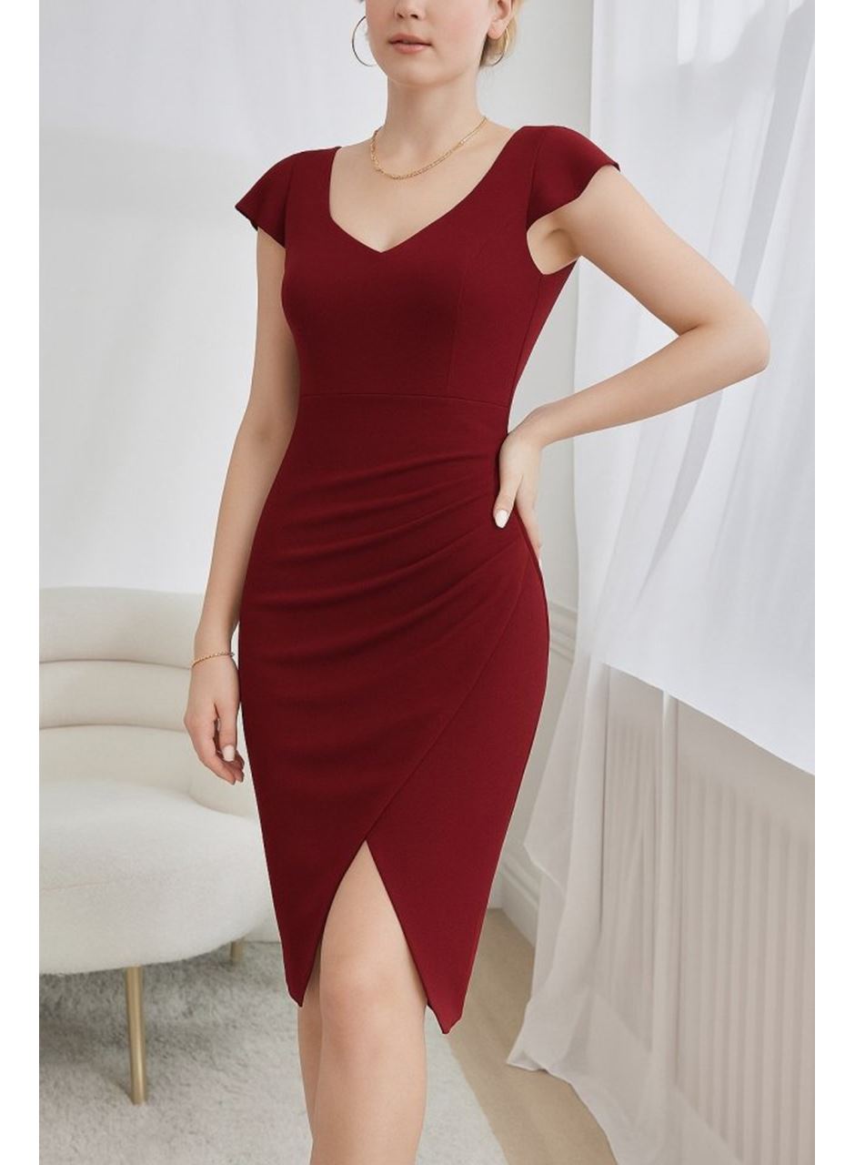 QKadın Kısa Kollu Kalp Yaka Yanlardan Büzgü Detay Midi Janjan Krep Elbise
