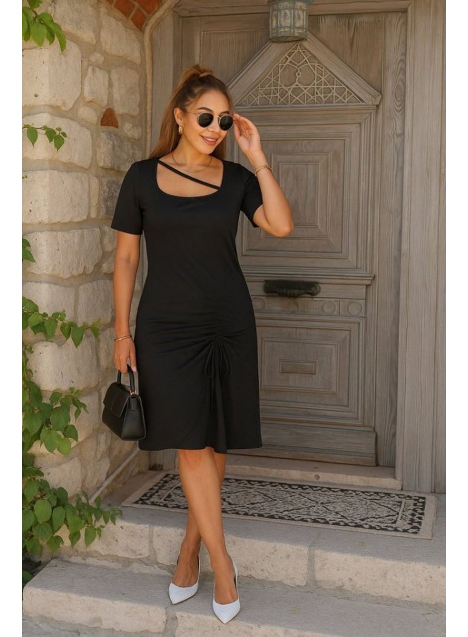 Kadın Kısa Kollu Kare Yakalı Ip Detaylı Janjan Krep Elbise