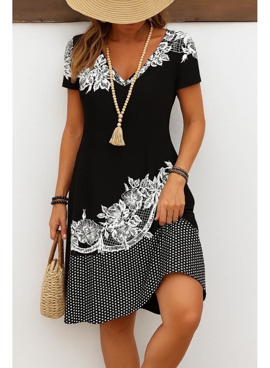 Kadın Kısa Kollu V Yakalı çiçek Baskılı Süprem Elbise