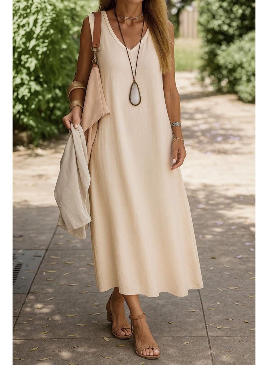 Kadın Kolsuz V Yakalı Maksi Boy Ithal Keten Elbise