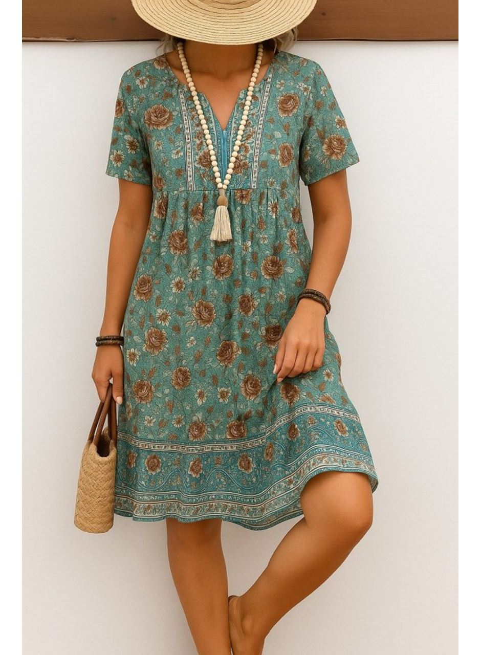 Kadın Kısa Kollu Yakası Bağcıklı önden Düğmeli Fırfır Desenli Süprem Elbise