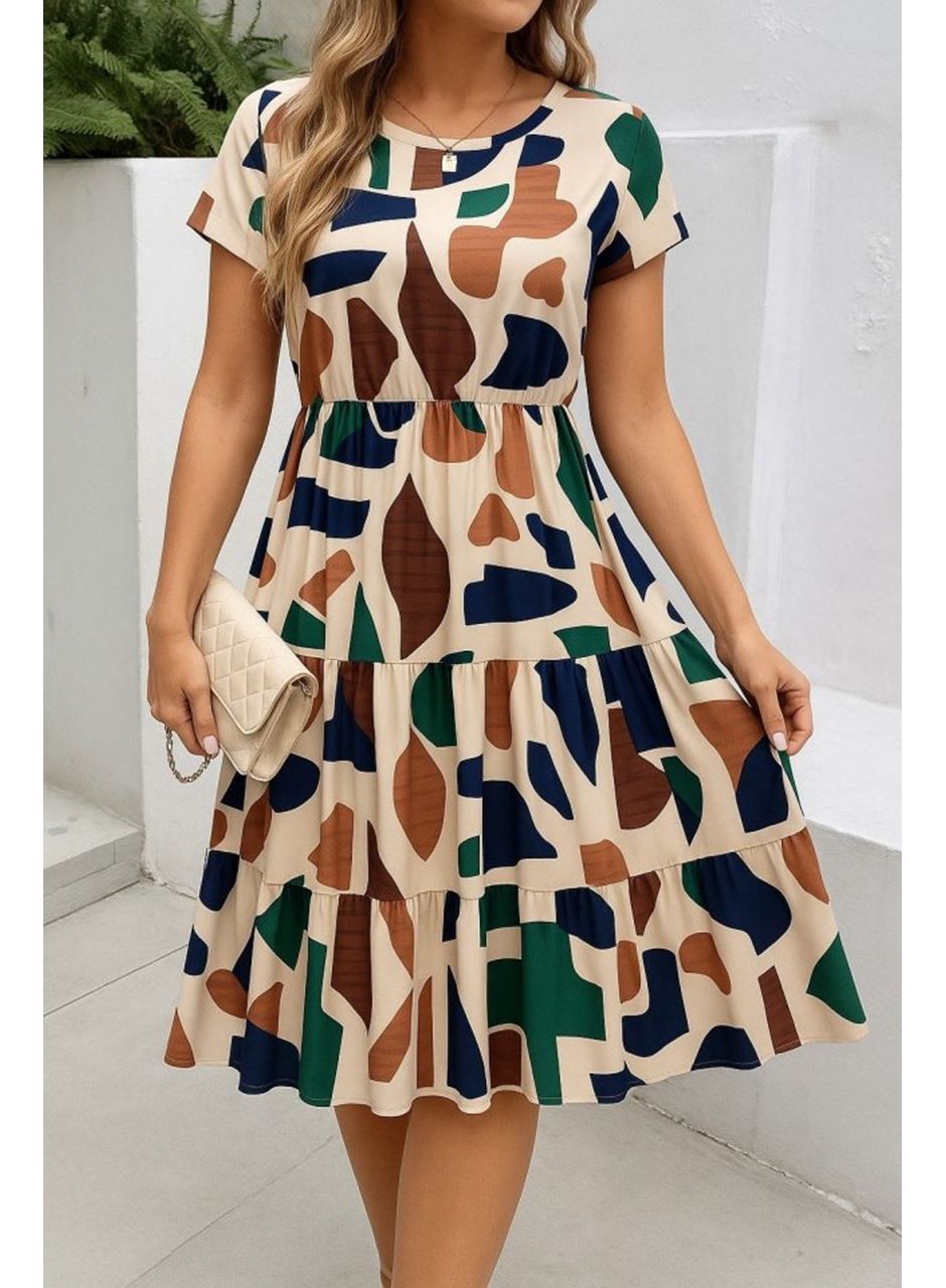 Kadın Kısa Kollu Bisiklet Yaka Desenli Fırfırlı Süprem Elbise