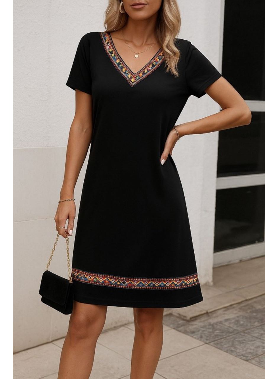 Kadın Kısa Kollu V Yakalı Etnik Desen şerit Detaylı Viskon Elbise