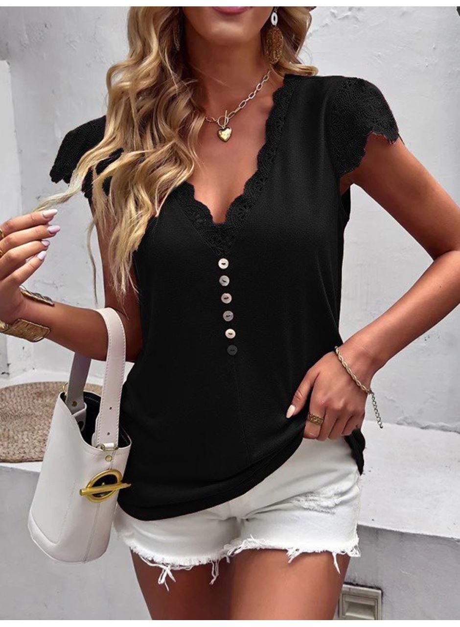 Kadın Kısa Kollu V Yakalı önü Düğmeli Viskon Bluz