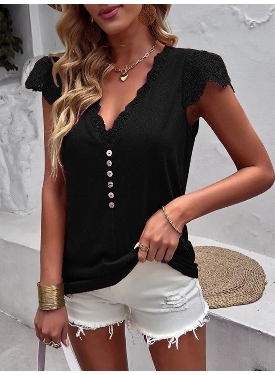 Kadın Kısa Kollu V Yakalı önü Düğmeli Viskon Bluz