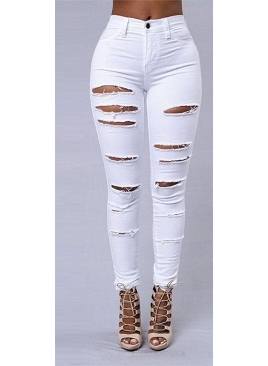 Kadın Yüksek Bel Lazer Yırtık Desenli Kot Pantolon