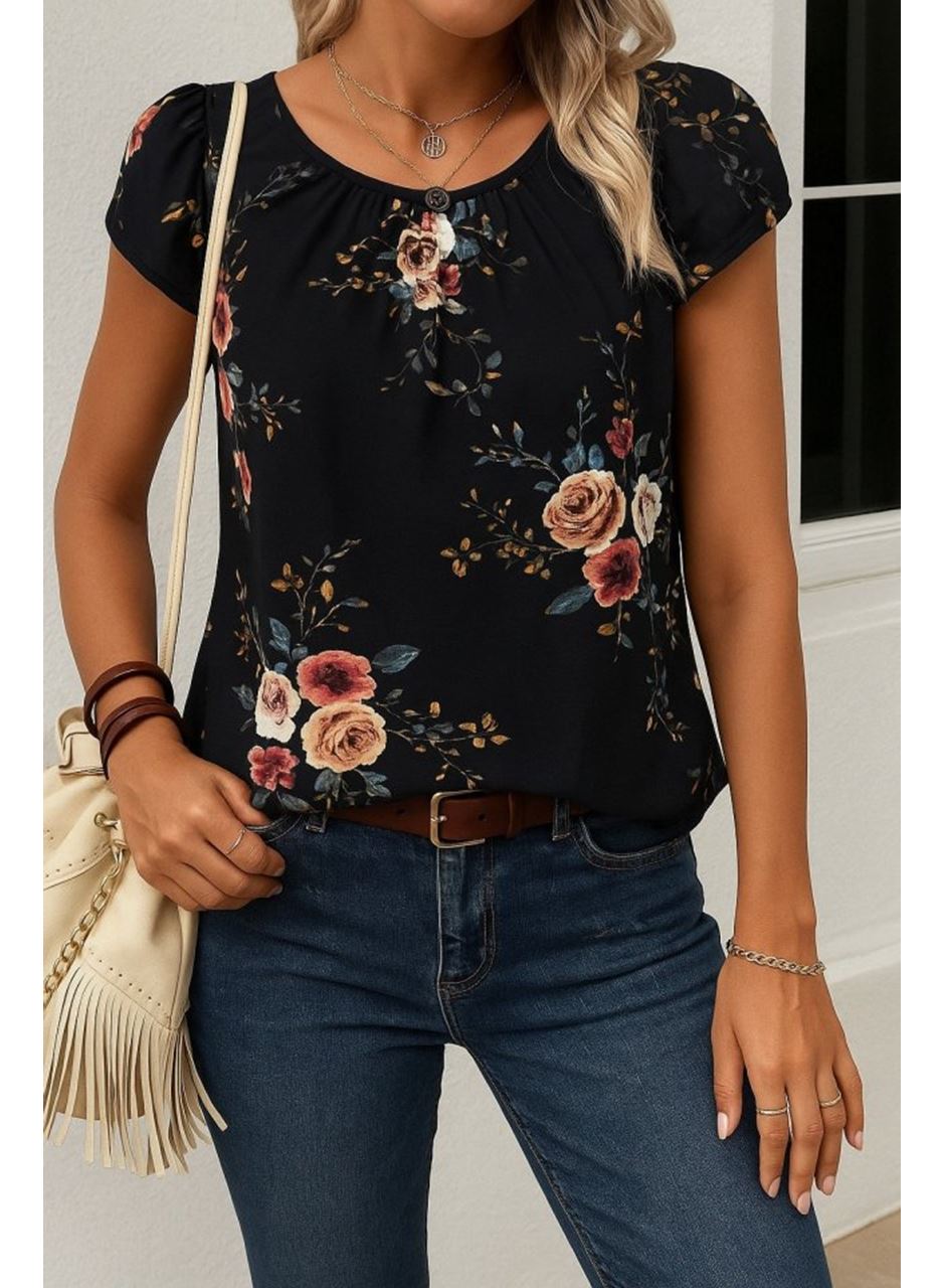 Kadın Kısa Kollu Bisiklet Yaka çiçek Baskılı Süprem Bluz