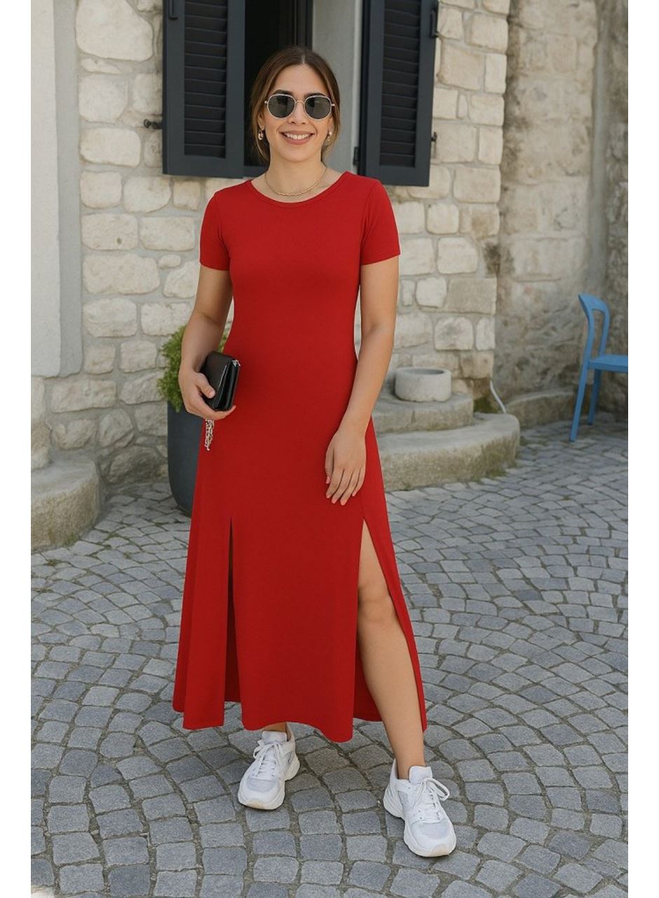 Kadın Kısa Kollu Sırt Dekolteli Yırtmaç Detaylı Viskon Elbise