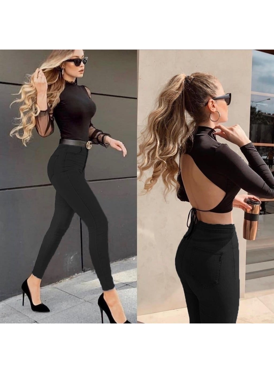 Likralı Yüksek Bel Jean Pantolon