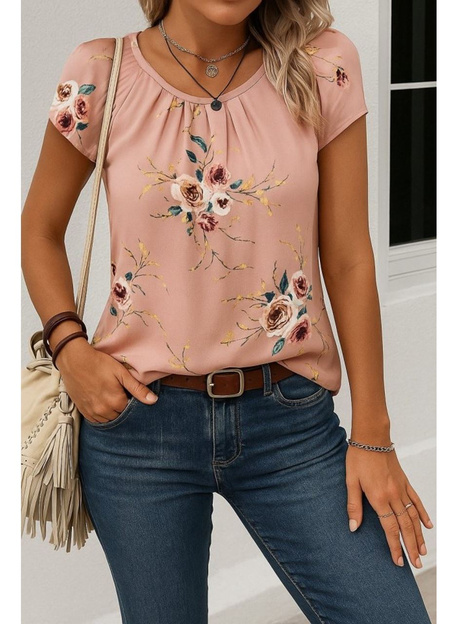 Kadın Kısa Kollu Bisiklet Yaka çiçek Baskılı Süprem Bluz