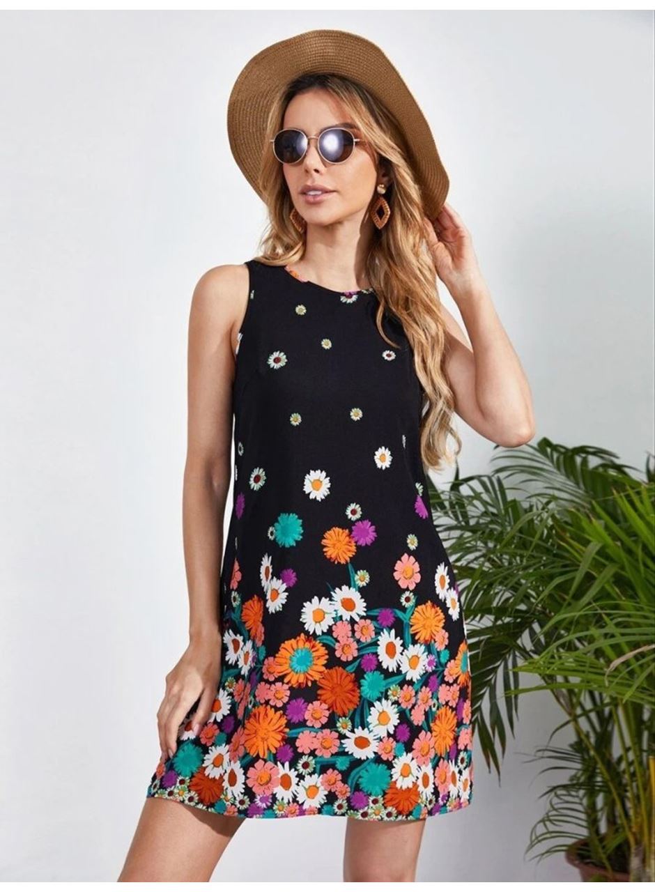 Kadın Sıfır Kollu Bisiklet Yaka çiçek Desenli Süprem Mini Elbise