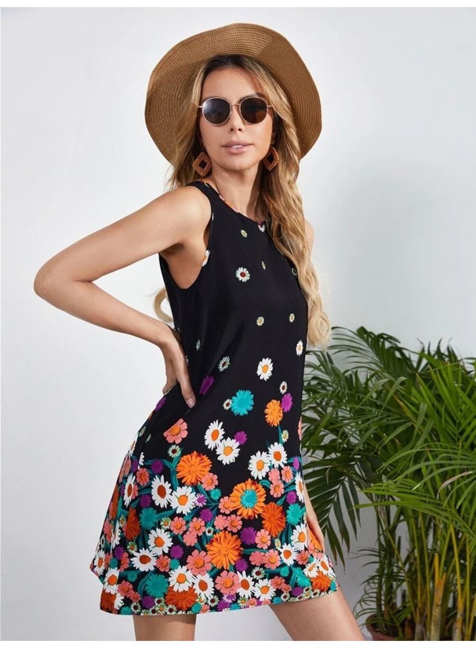 Kadın Sıfır Kollu Bisiklet Yaka çiçek Desenli Süprem Mini Elbise