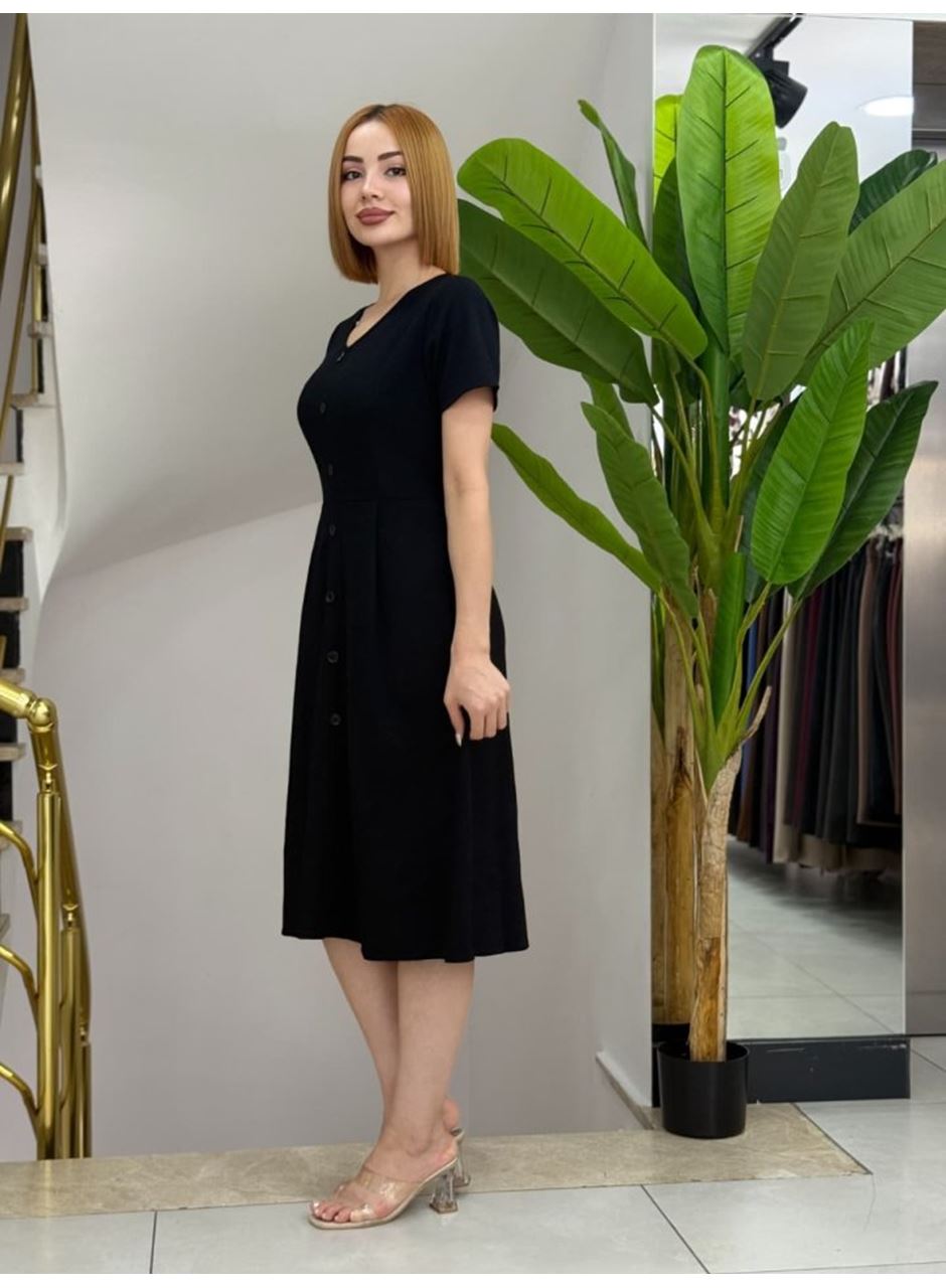Kadın Kısa Kollu V Yakalı önden Düğmeli A Kesim Dokuma Elbise