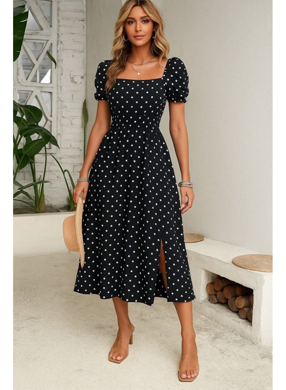 Kadın Kısa Kollu Geometrik Yaka Yırtmaçlı Puantiyeli Midi örme Krep Elbise