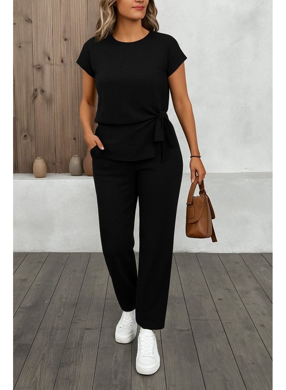 Kadın Kısa Kollu Bisiklet Yaka Yandan Bağlamalı Bürümcük Bluz Ve Pantolon Ikili Takım