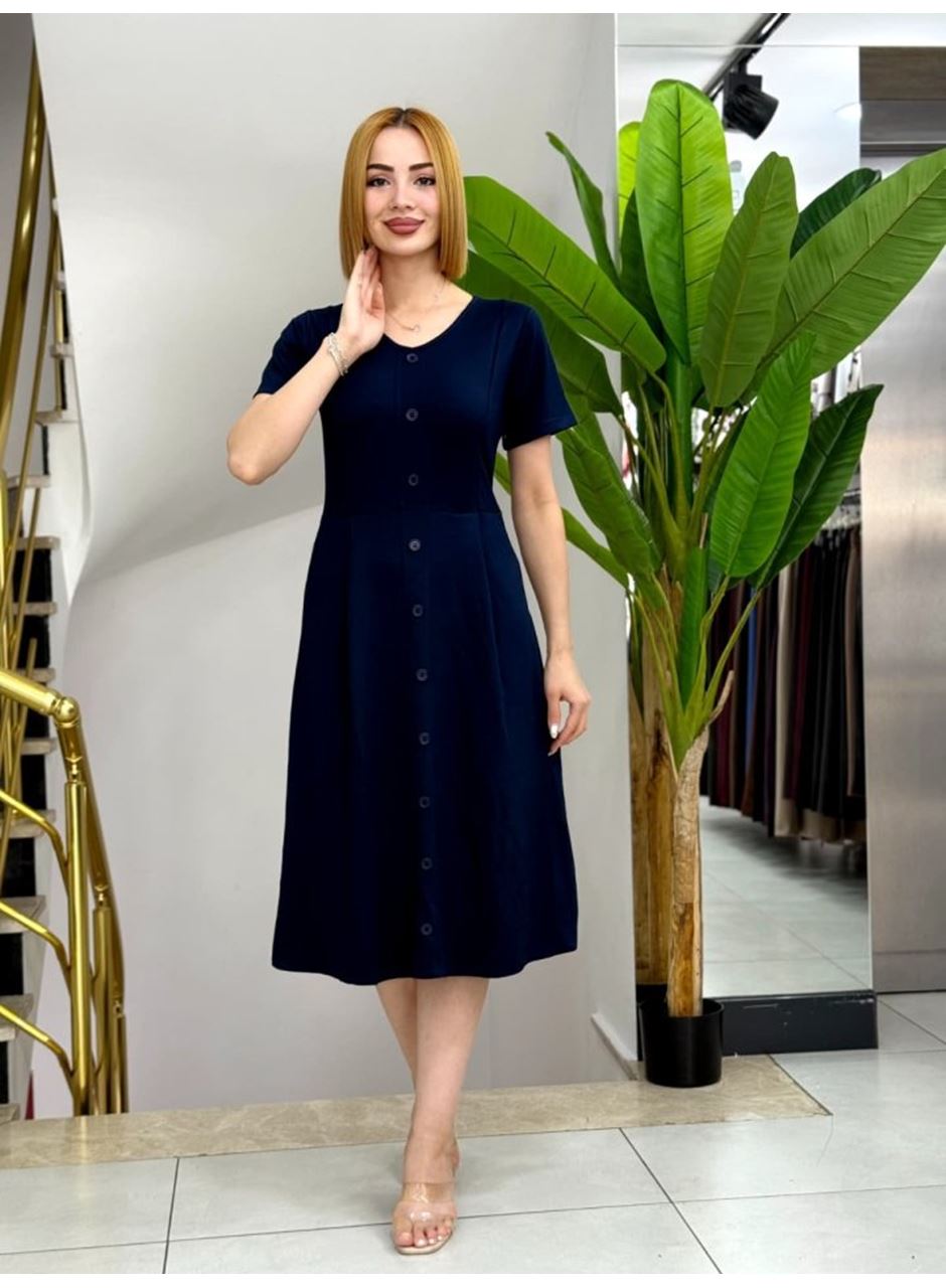 Kadın Kısa Kollu V Yakalı önden Düğmeli A Kesim Dokuma Elbise