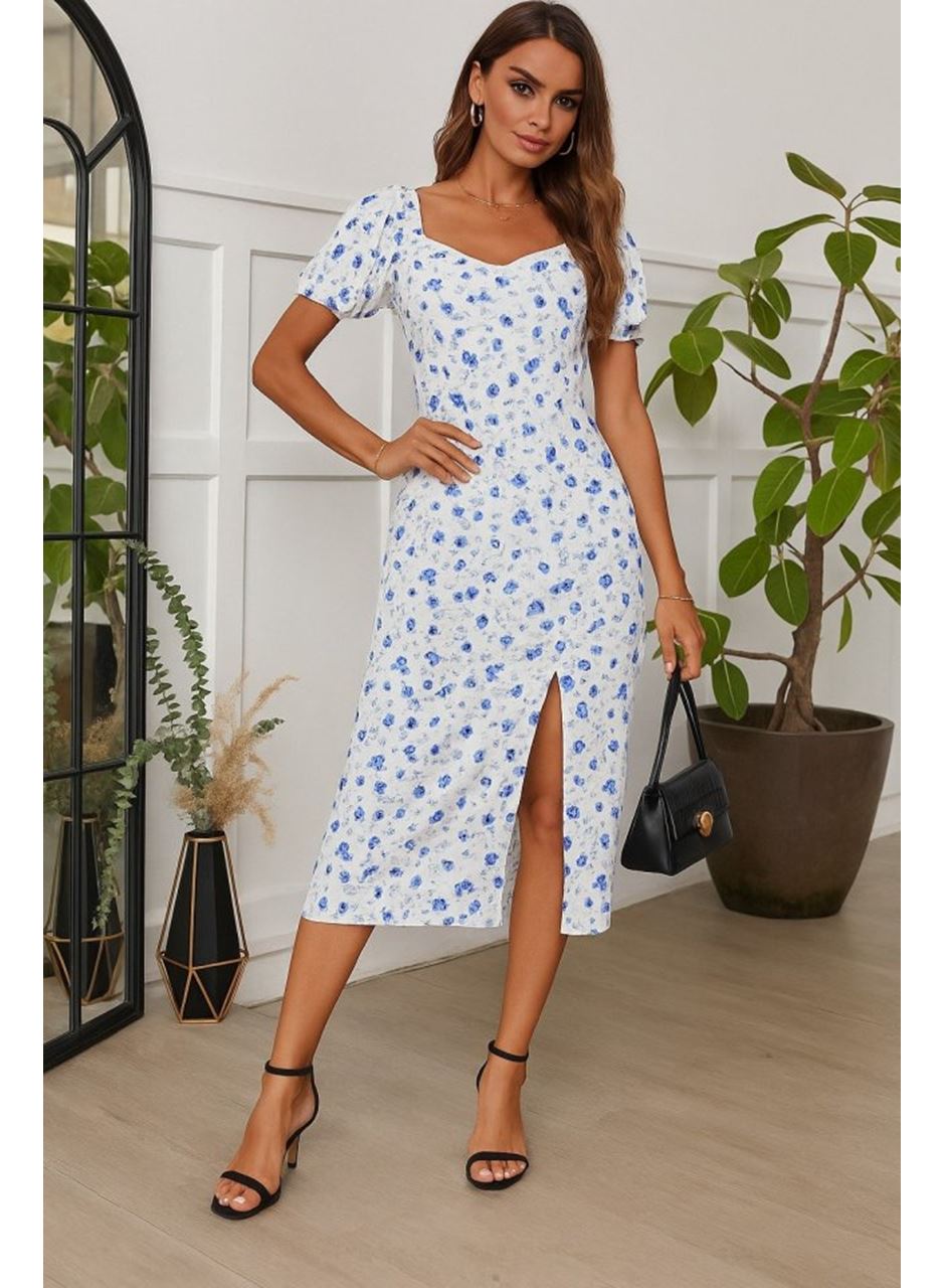 Kadın Kısa Kolluyakası Büzgü Detay Kolu Lastikli çiçek Baskı Elbise