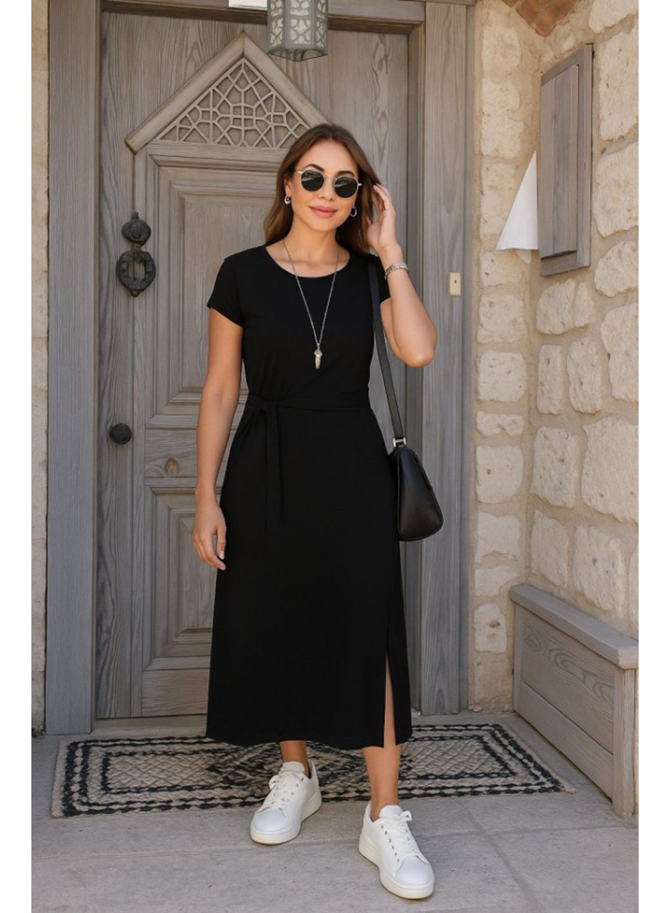 Kadın Kısa Kollu Yuvarlak Yaka Belden Bağcıklı önden Yırtmaçlı Aerobin Elbise