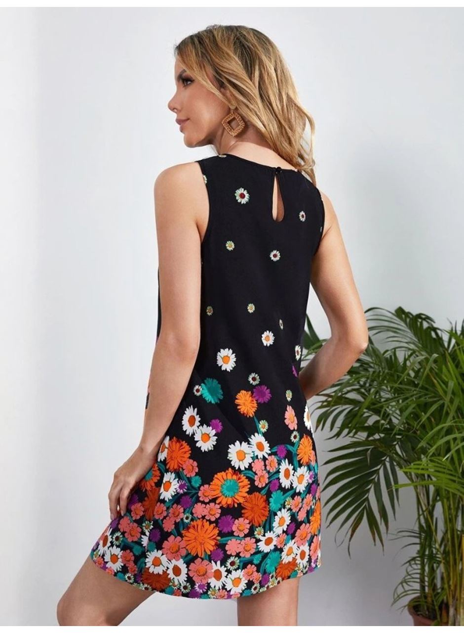 Kadın Sıfır Kollu Bisiklet Yaka çiçek Desenli Süprem Mini Elbise