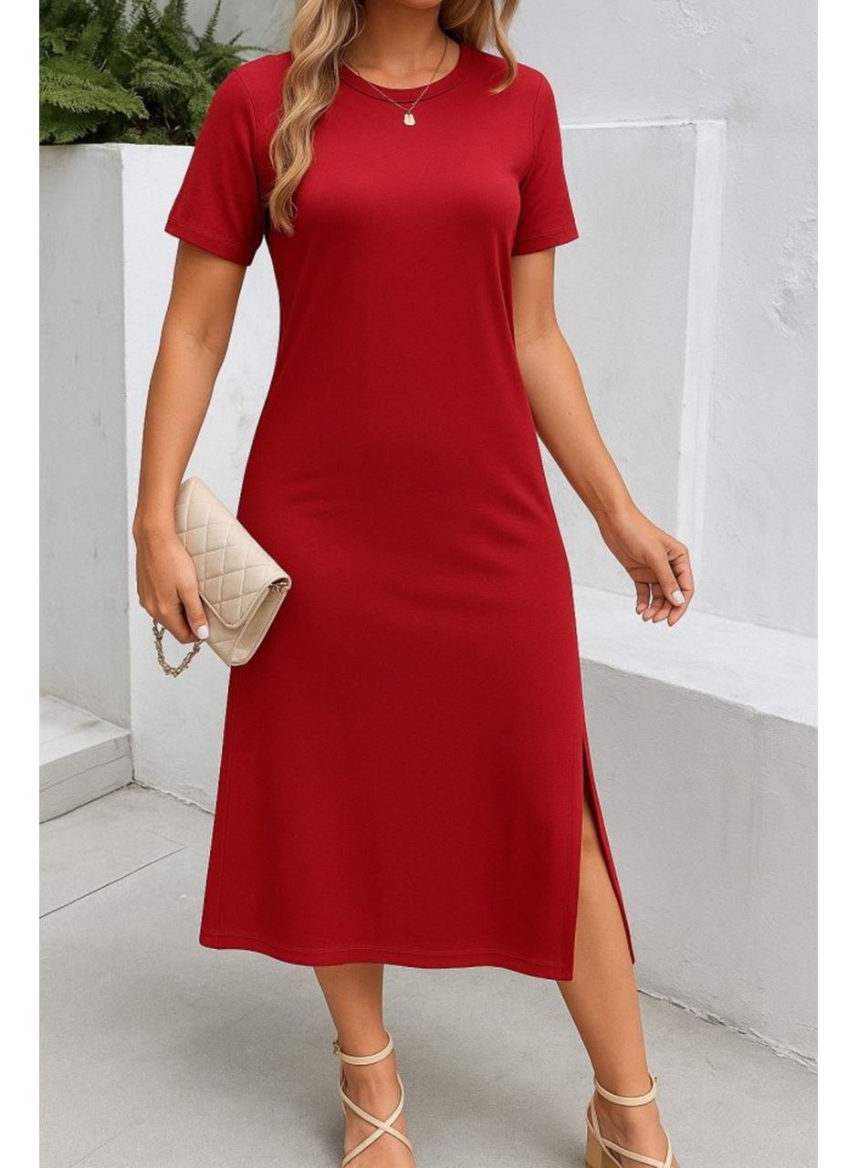 Kadın Kısa Kollu Bisiklet Yaka Yandan Yırtmaçlı Viskon Elbise