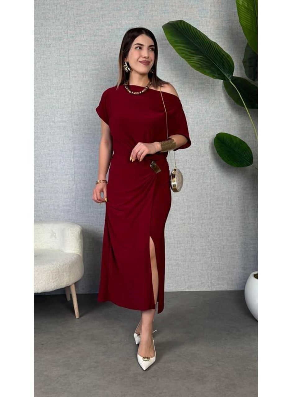 Kadın Kısa Kollu Tek Omuzdan Açık Beli Lastikli Sandy Maxi Elbise