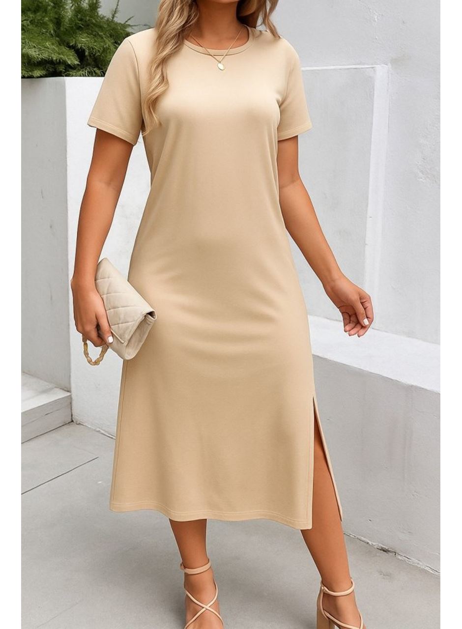 Kadın Kısa Kollu Bisiklet Yaka Yandan Yırtmaçlı Viskon Elbise