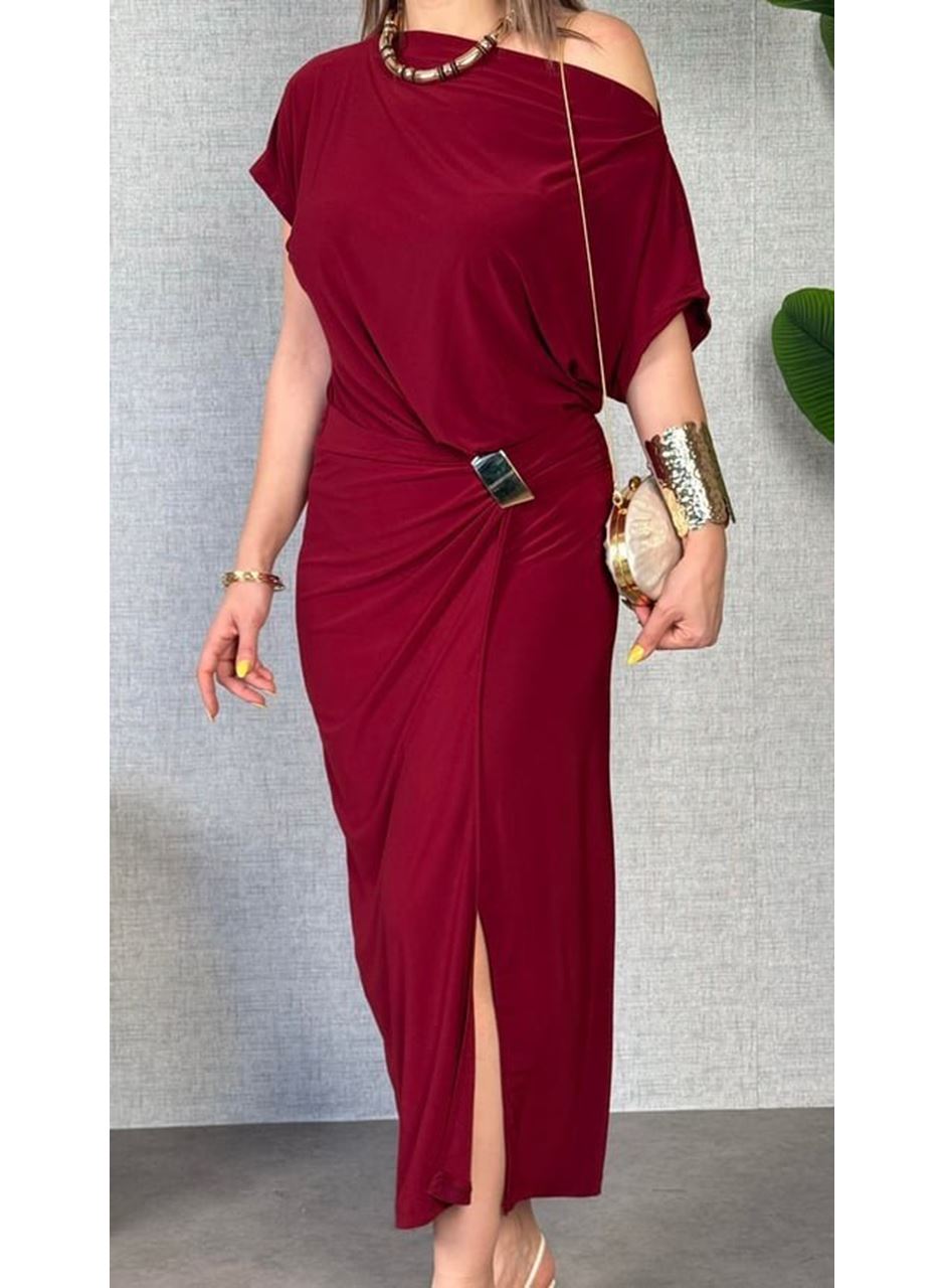 Kadın Kısa Kollu Tek Omuzdan Açık Beli Lastikli Sandy Maxi Elbise