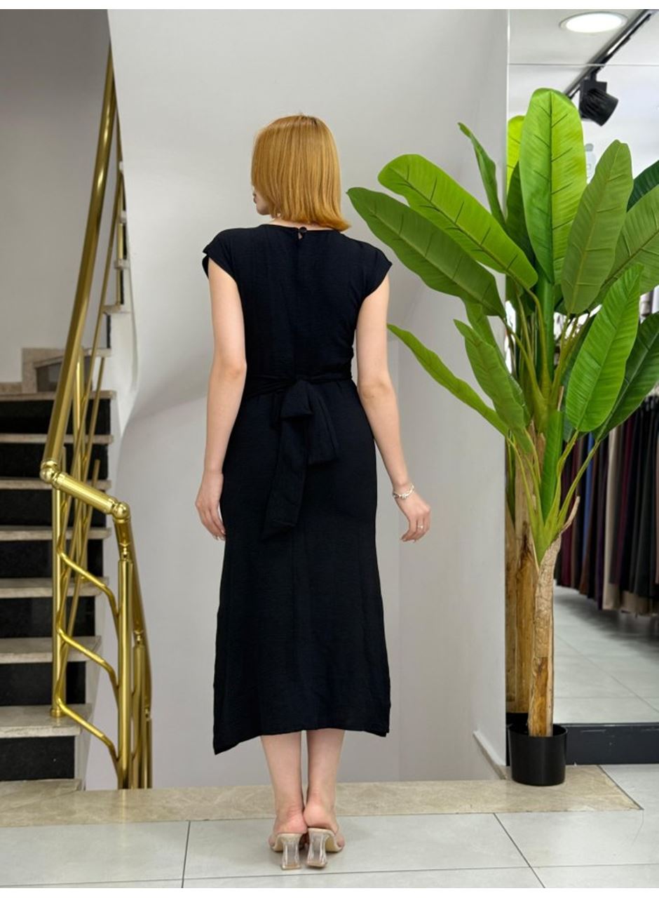 Kadın Kısa Kollu Yuvarlak Yaka Belden Bağcıklı önden Yırtmaçlı Aerobin Elbise