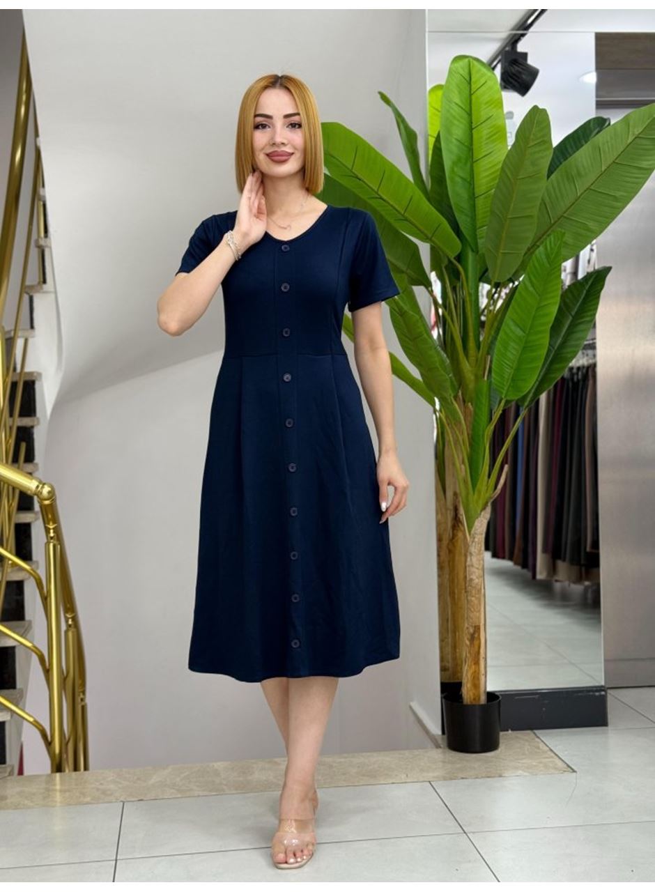 Kadın Kısa Kollu V Yakalı önden Düğmeli A Kesim Dokuma Elbise