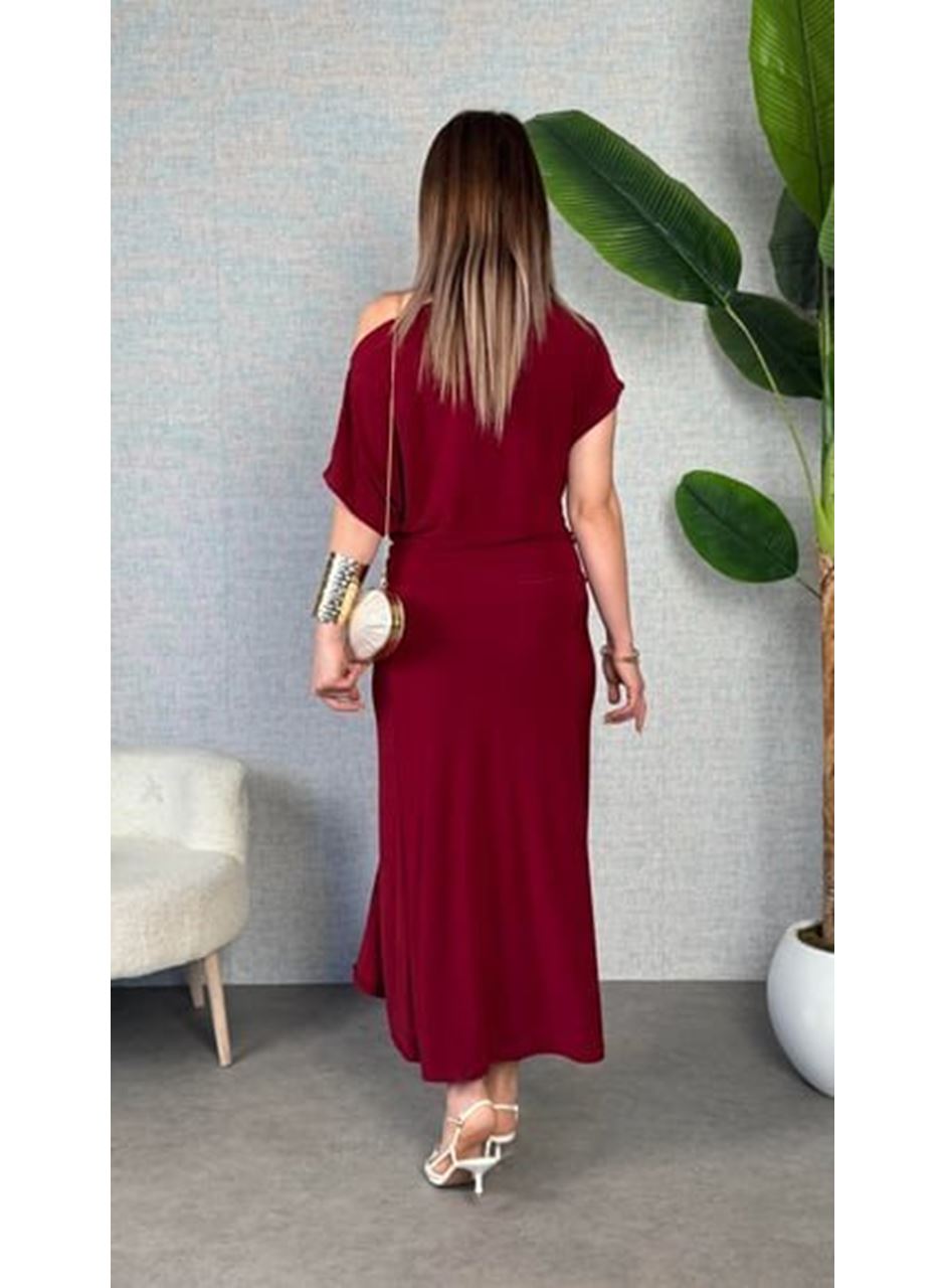 Kadın Kısa Kollu Tek Omuzdan Açık Beli Lastikli Sandy Maxi Elbise