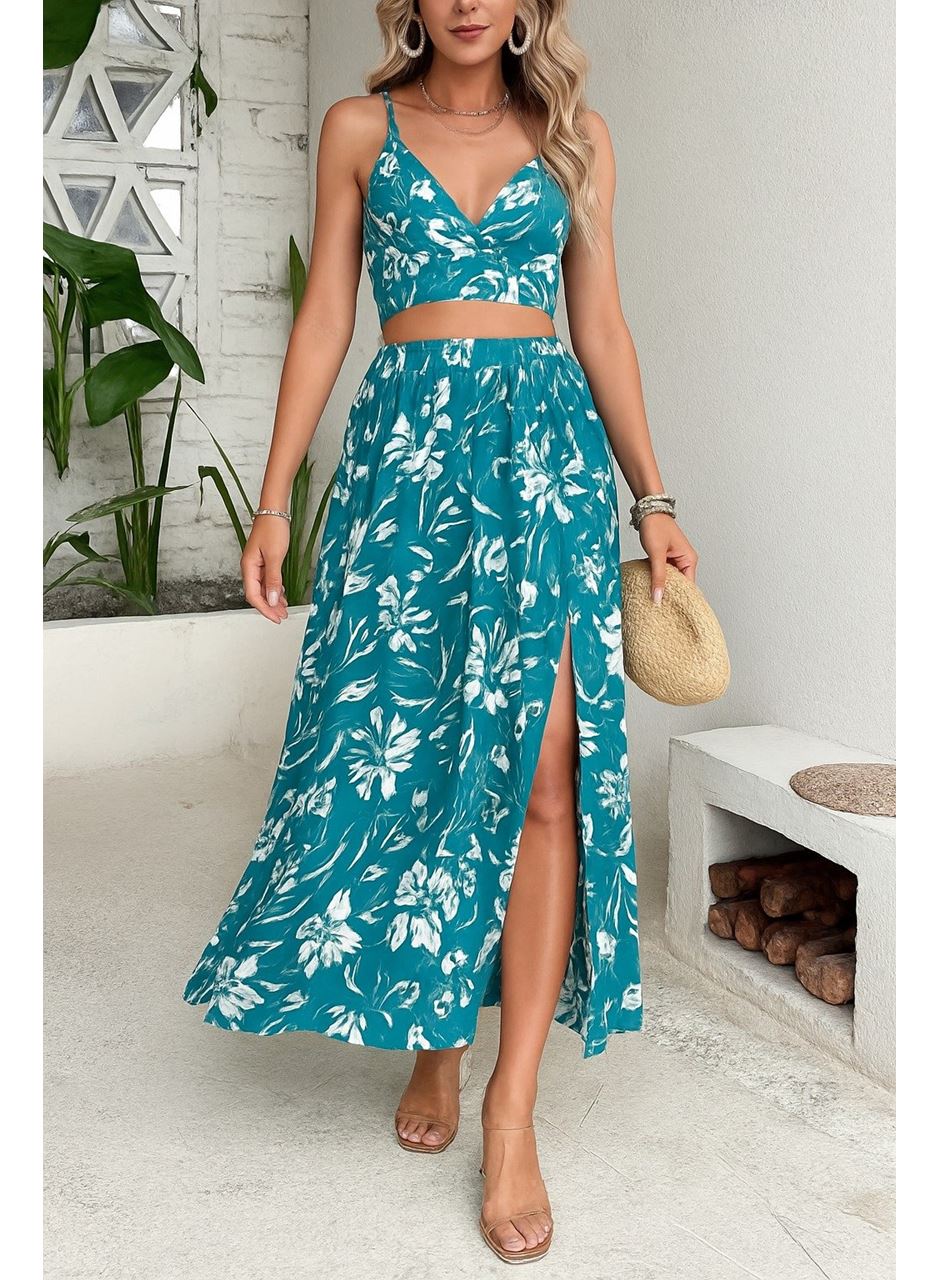 Kadın Ince Askılı çiçek Baskı Desenli Crop Yırtmaçlı Etek Ikili Süprem Takım