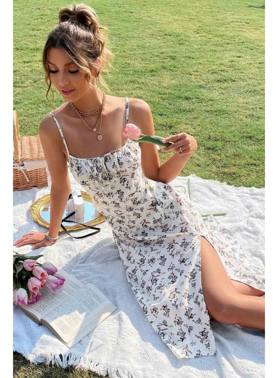 Kadın Ip Askılı Yakadan Bağcıklı Desenli Süprem Elbise