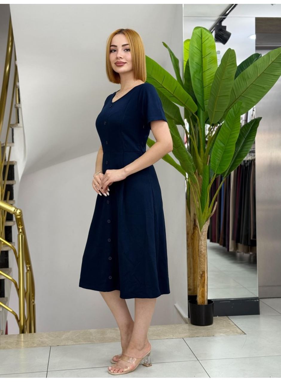 Kadın Kısa Kollu V Yakalı önden Düğmeli A Kesim Dokuma Elbise