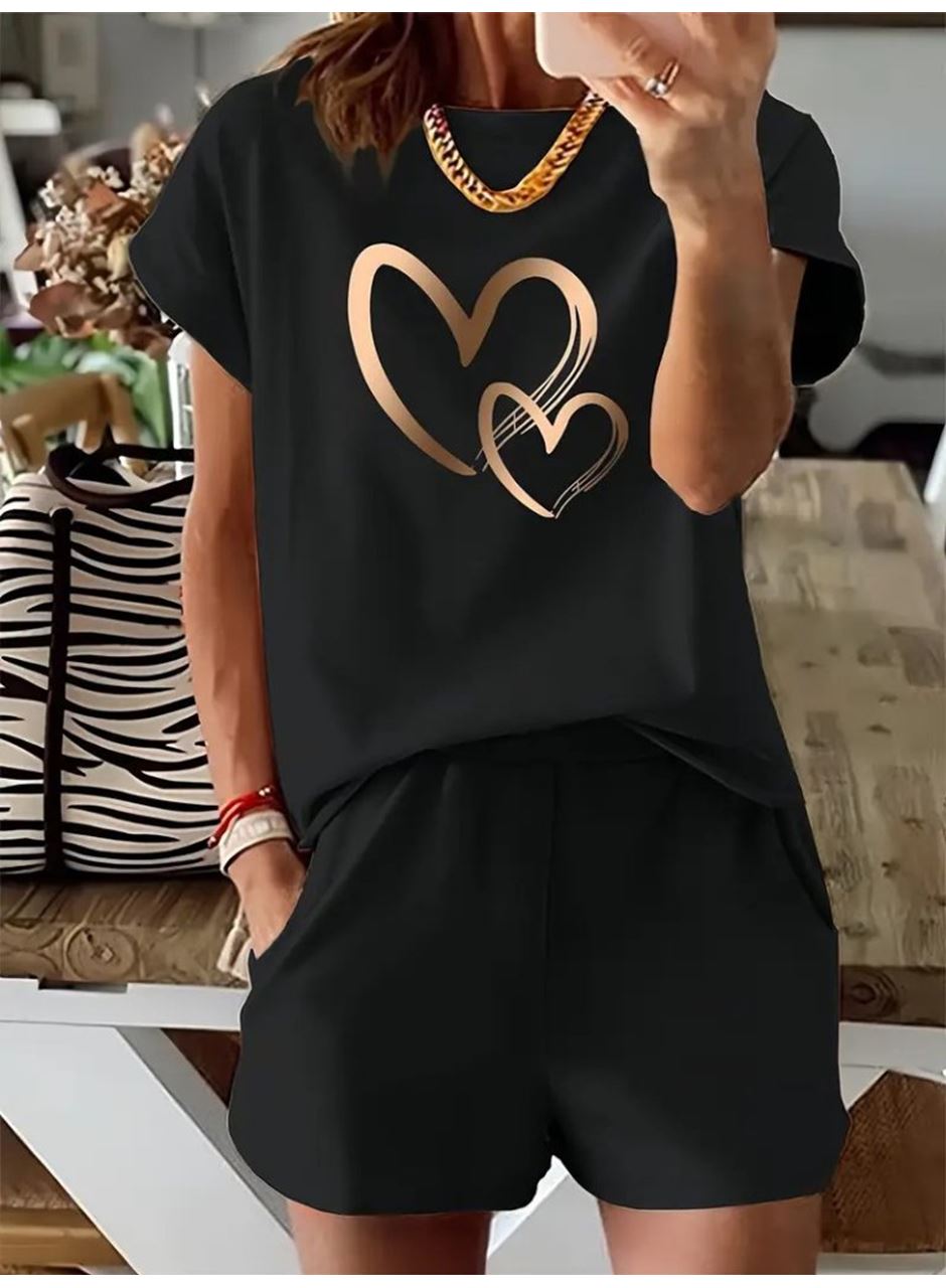 Kadın Kısa Kollu Bisiklet Yaka Viskon Iki Iplik Bluz Ve Short Ikili Takım