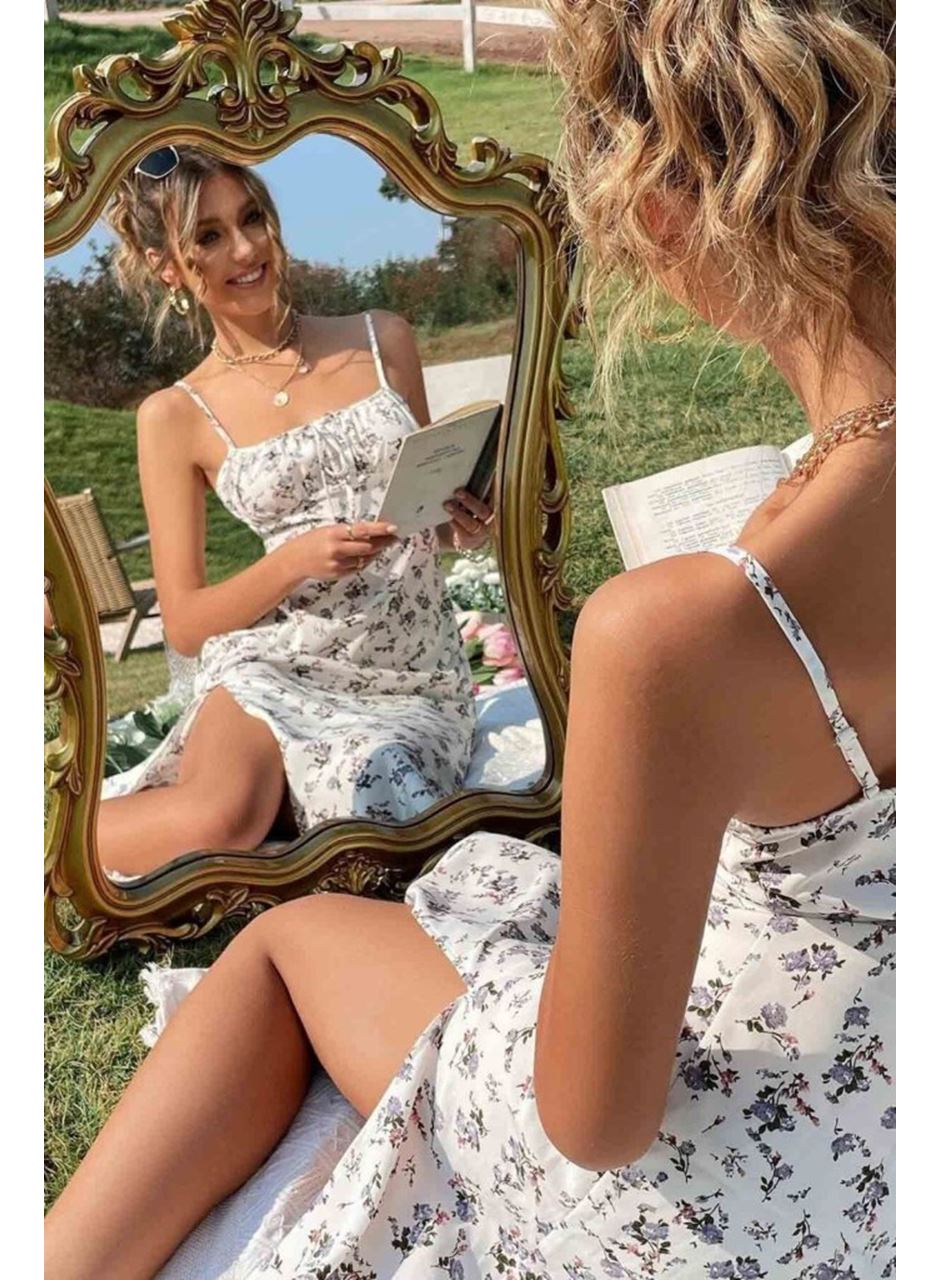 Kadın Ip Askılı Yakadan Bağcıklı Desenli Süprem Elbise