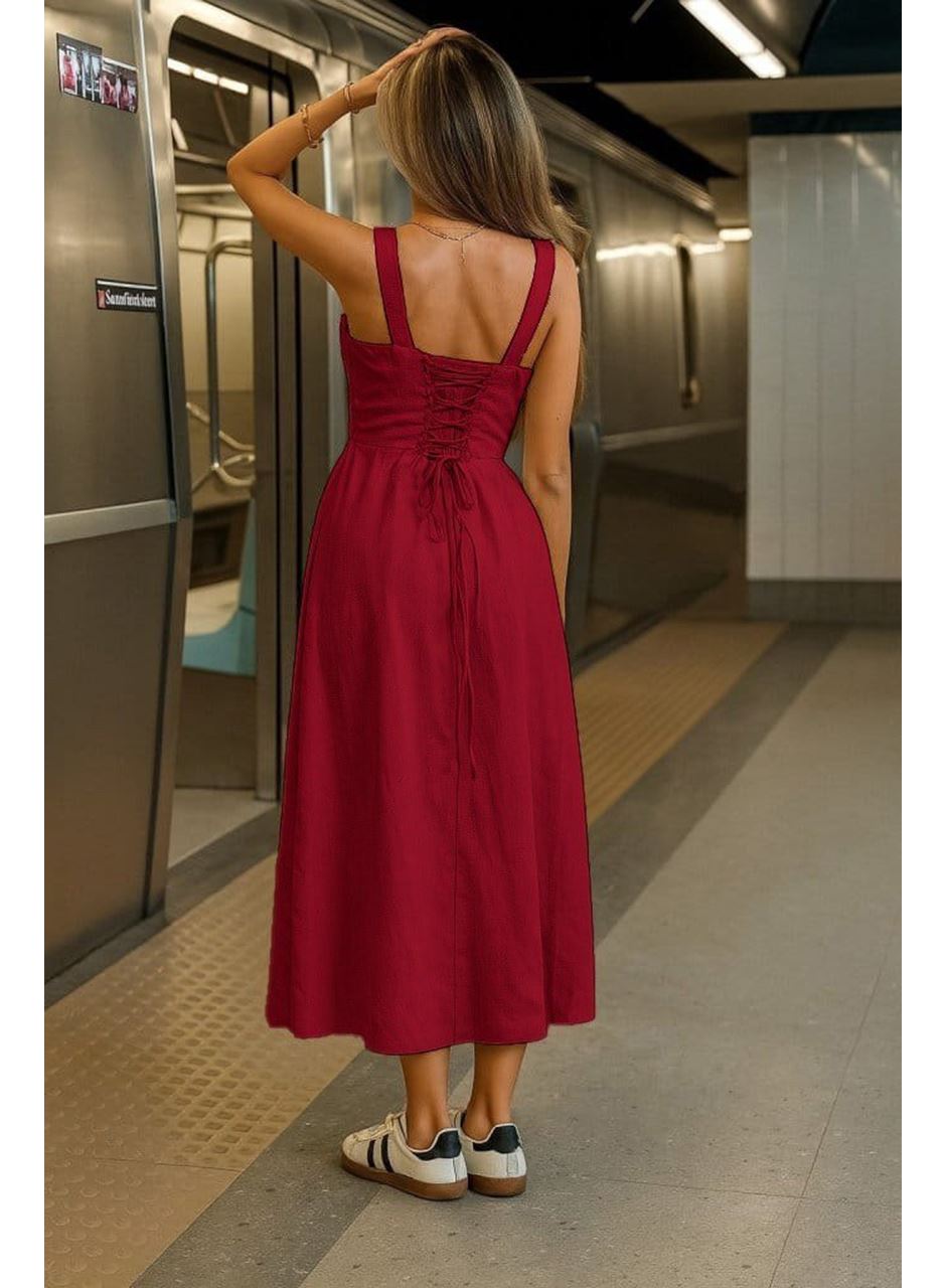 Kadın Askılı Geniş V Yakalı Sırttan Bağlamalı Yırtmaçlı Süprem Elbise