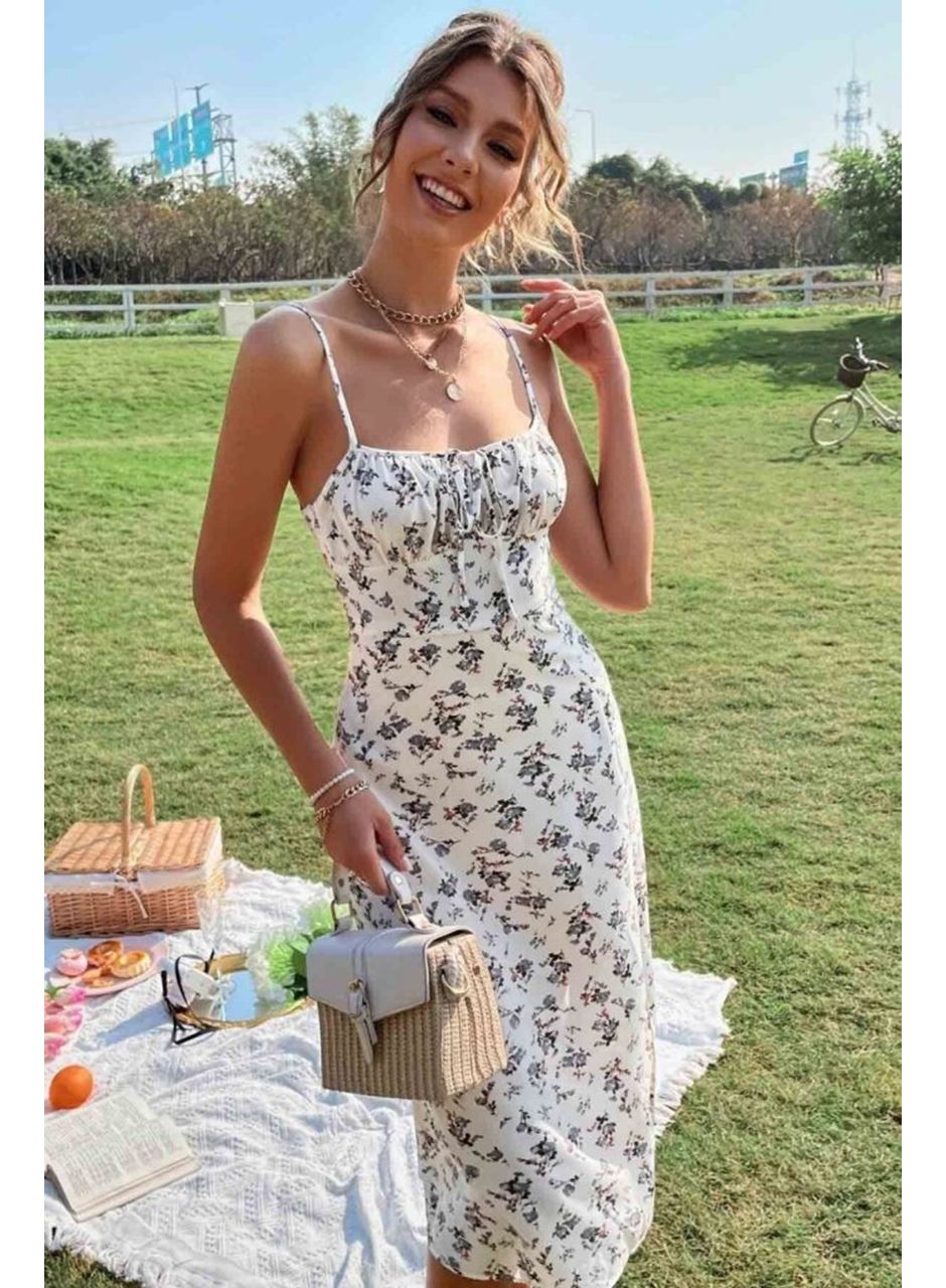 Kadın Ip Askılı Yakadan Bağcıklı Desenli Süprem Elbise