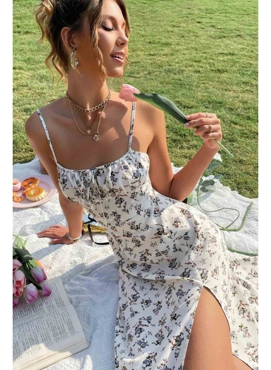 Kadın Ip Askılı Yakadan Bağcıklı Desenli Süprem Elbise