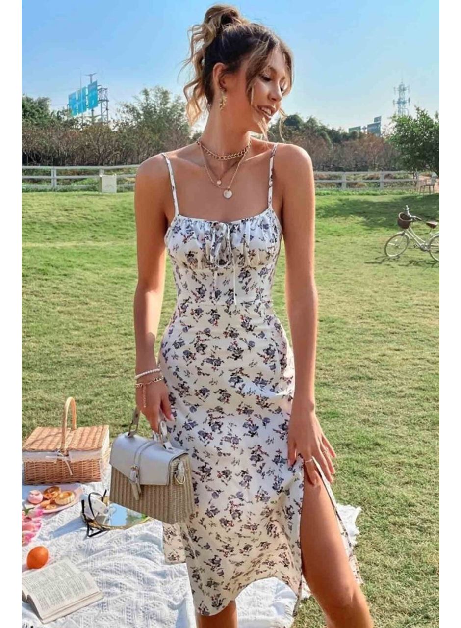 Kadın Ip Askılı Yakadan Bağcıklı Desenli Süprem Elbise