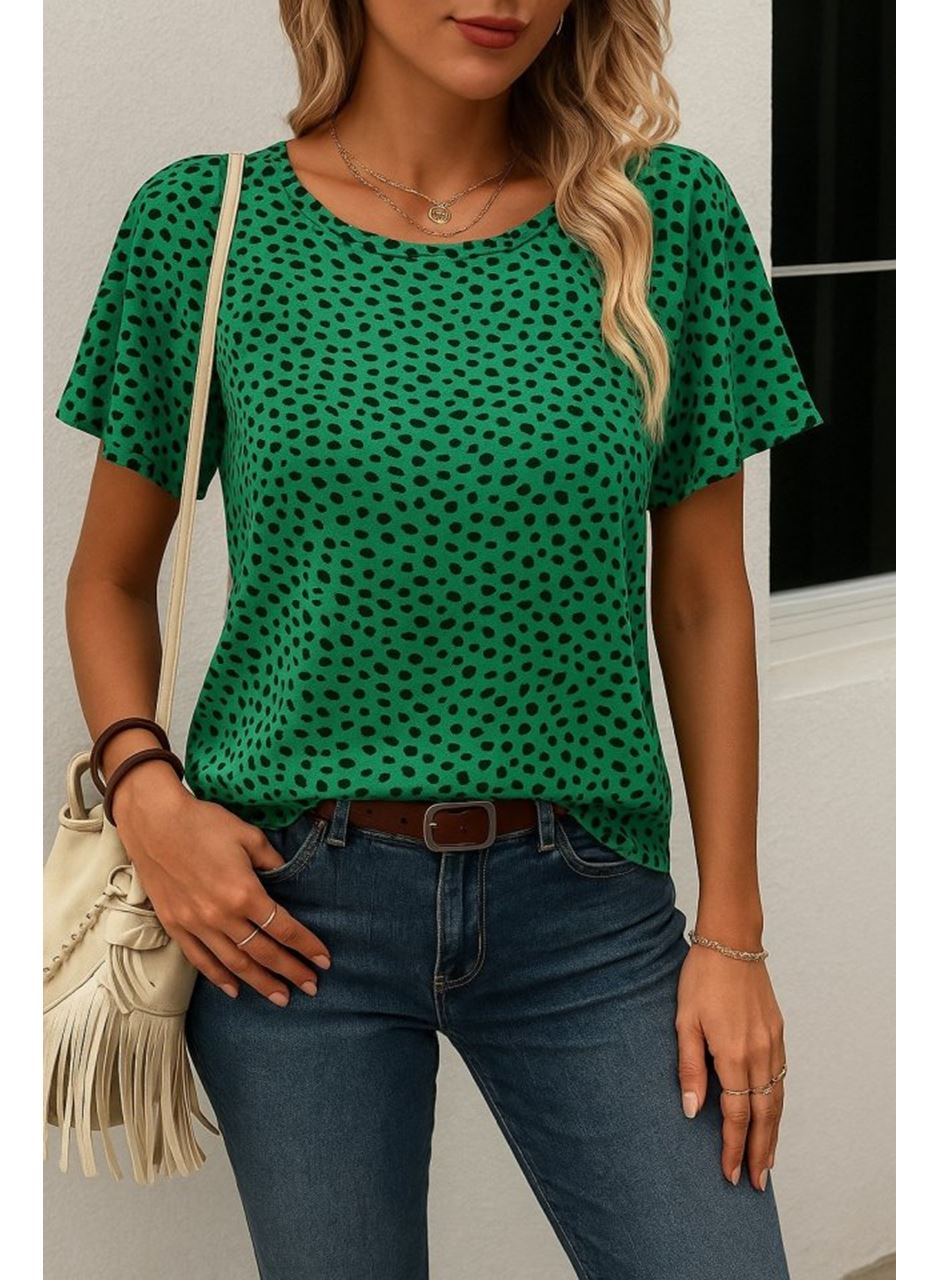 Kadın Kısa Kollu Kolları Volanlı Baskılı Süprem Bluz