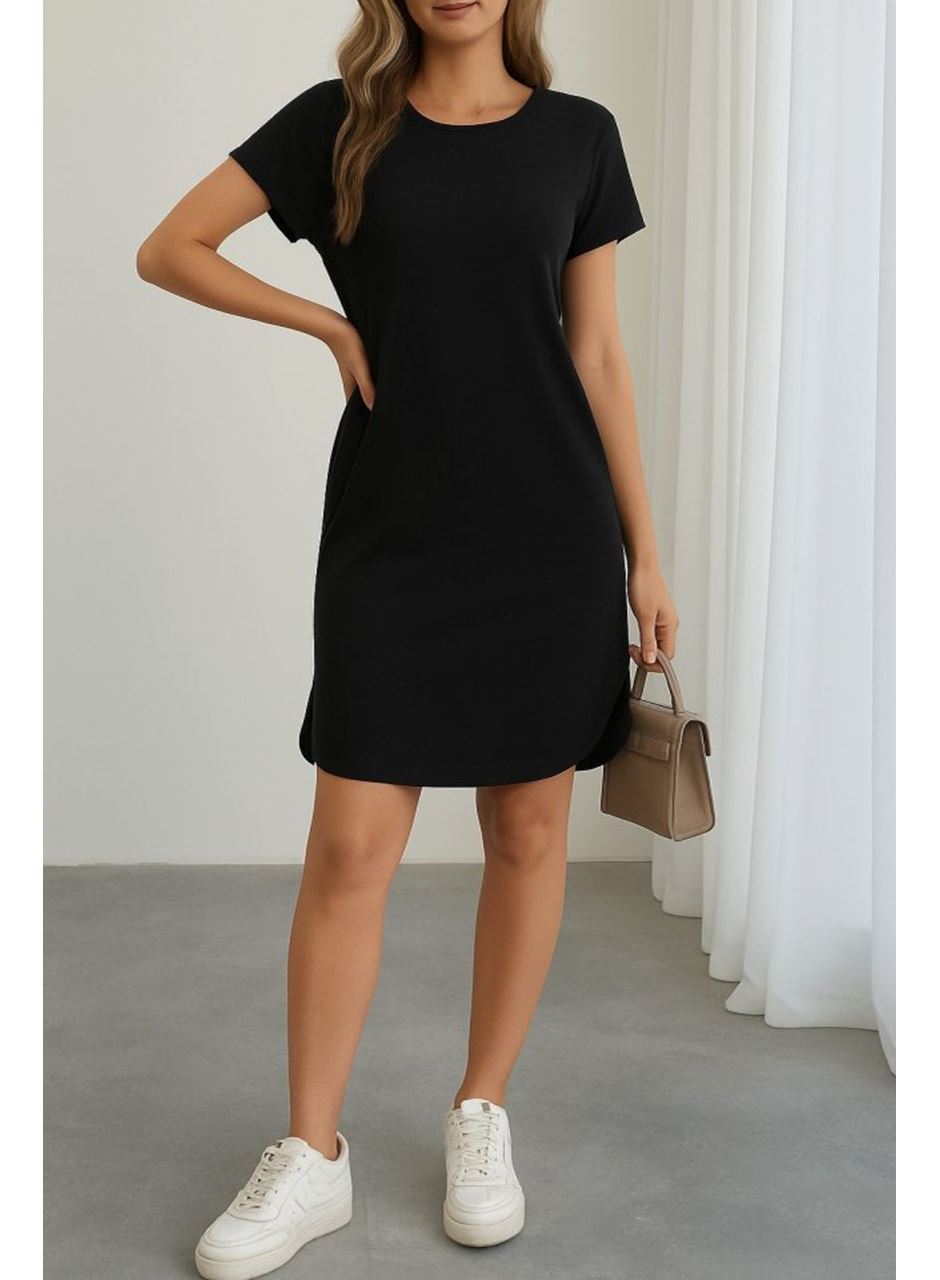 Kadın Kısa Kollu Bisiklet Yaka Viskon Iki Iplik Elbise