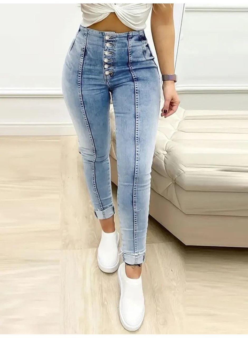 Kadın Yüksek Bel önden Düğmeli Jean Pantolon