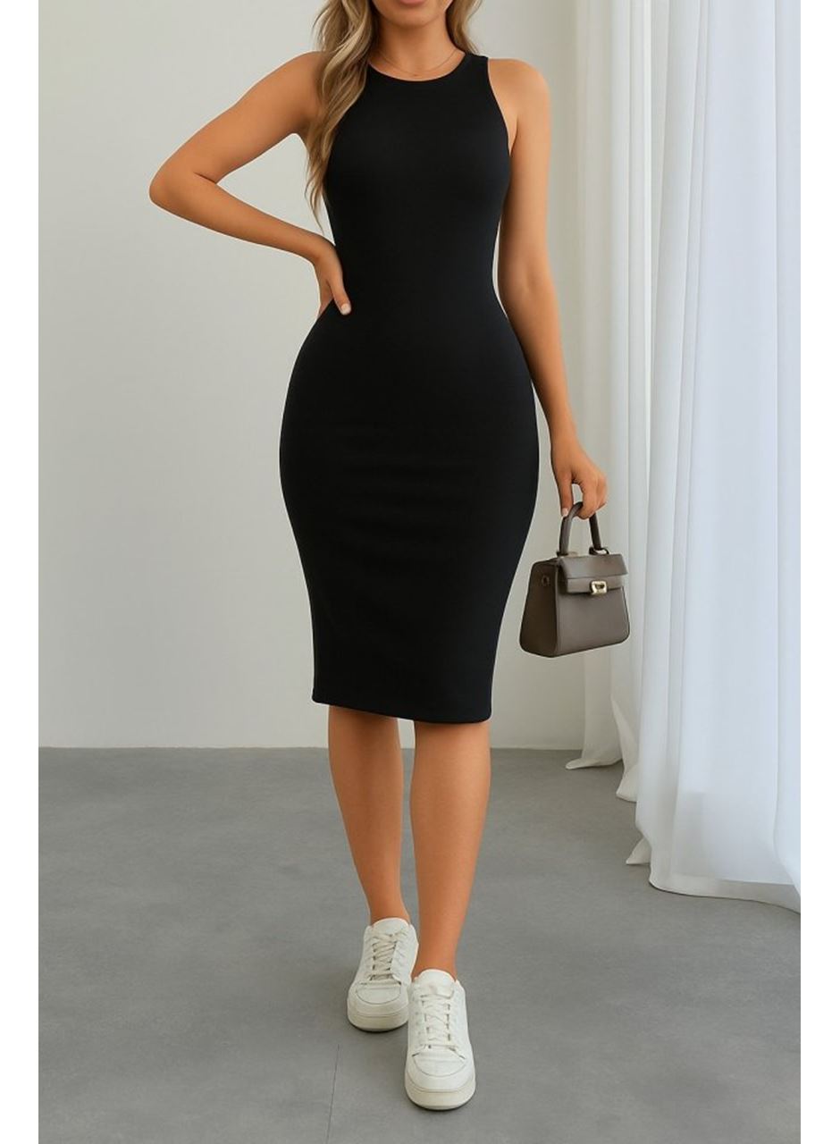 Kadın Omuzlardan Açık Bisiklet Yaka Janjan Krep Elbise