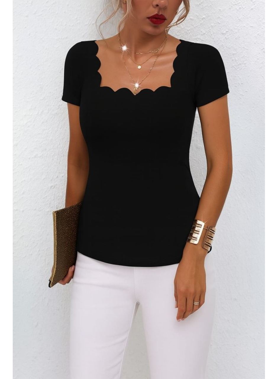 Kadın Kısa Kollu Kare Lazer Yakalı Janjan Krep Bluz