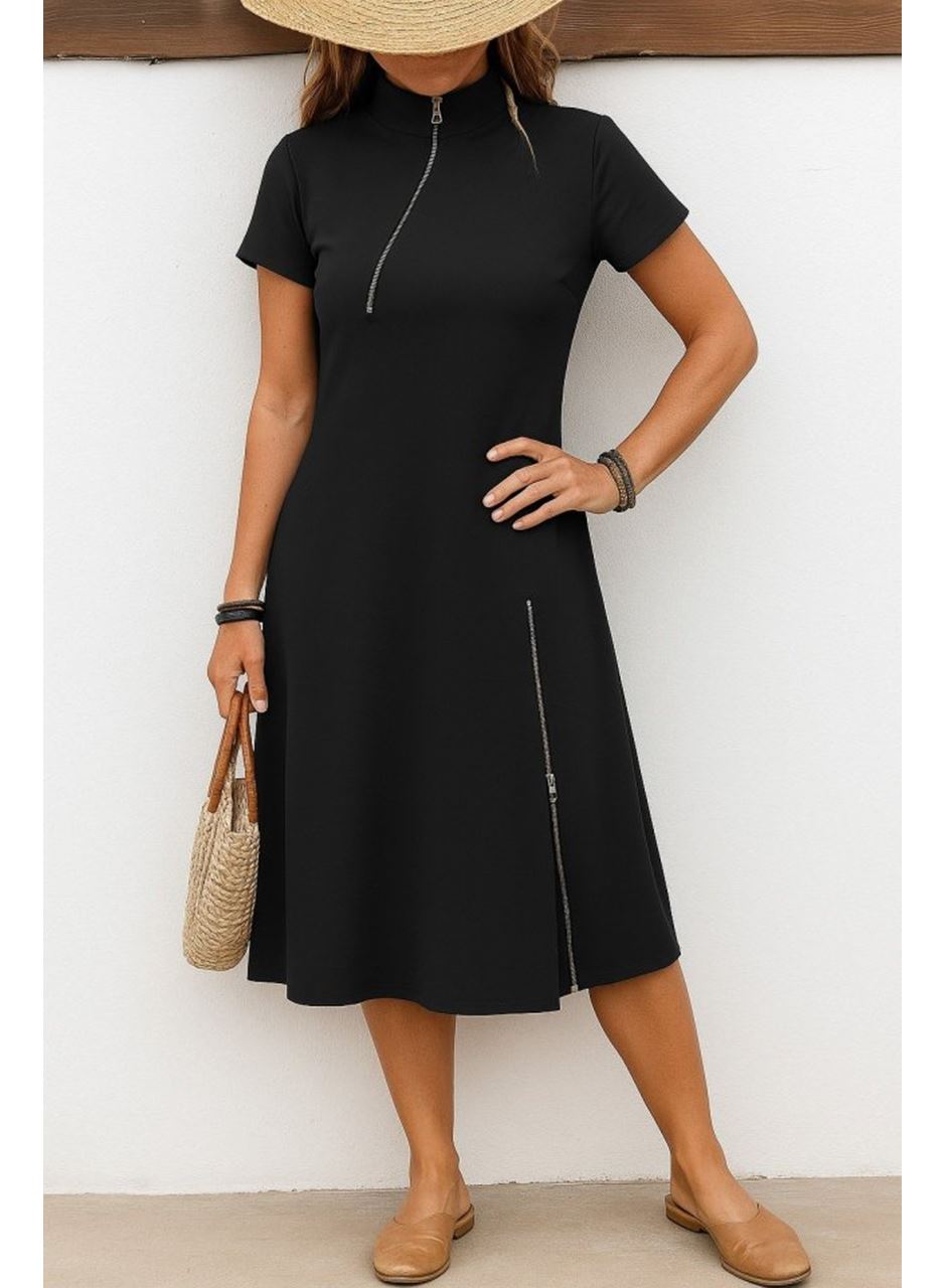 Kadın Kısa Kollu Yakadan Ve Etekten Fermuarlı Midi Viskon Iki Iplik Elbise