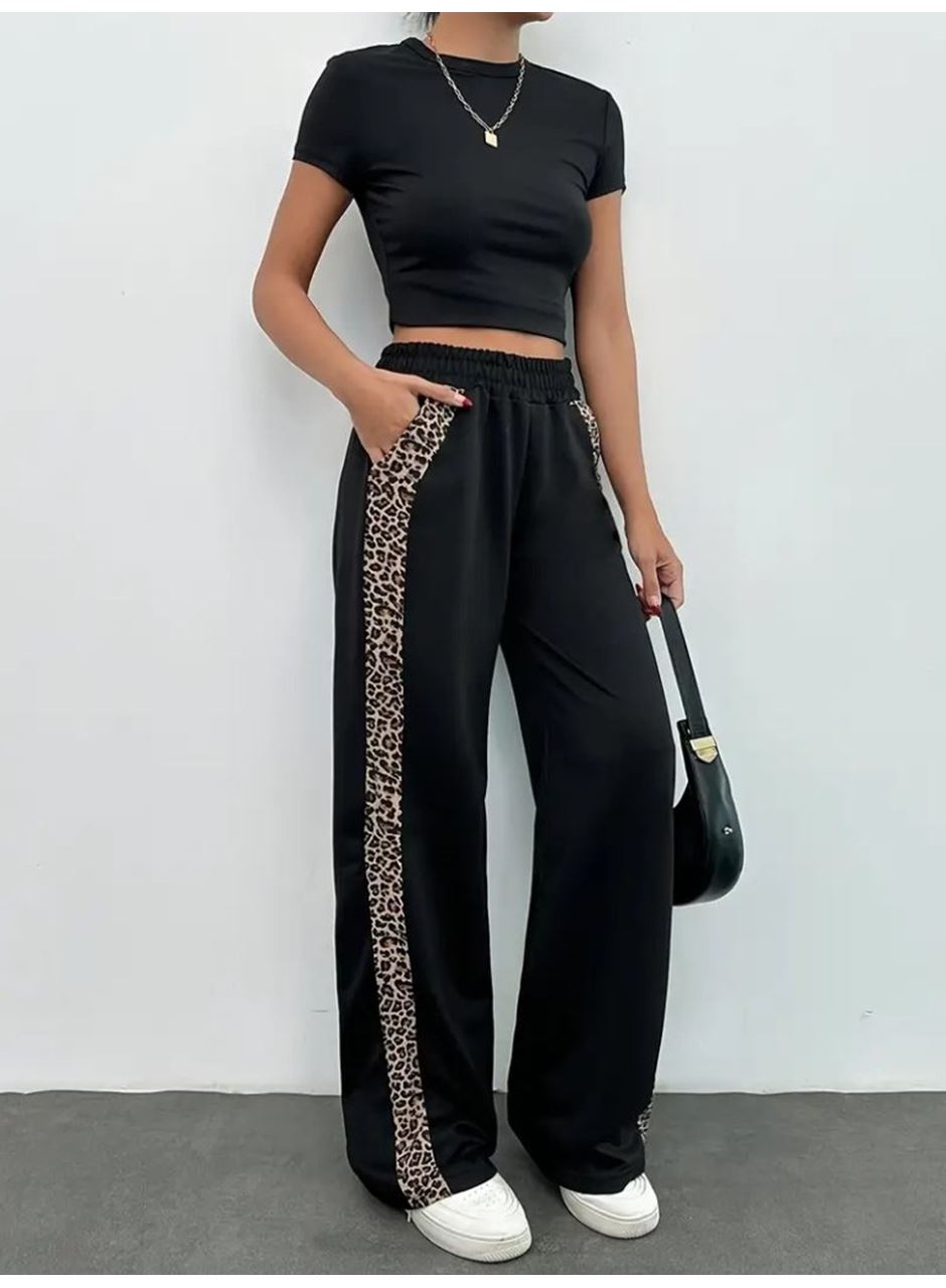 Kadın Yüksek Bel Bağcıklı Yanları Leopar Desenli Viskon Iki Iplik Pantolon
